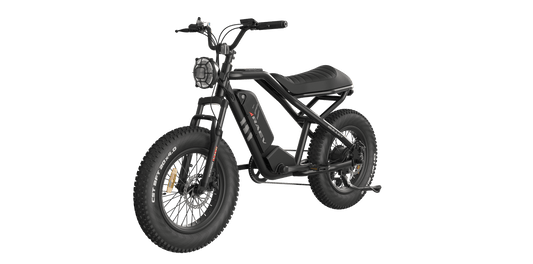 Side view of the eMOTO RAEV Bullet SE Electric e-Moto Style eBike-Moto 500W electric pit bike, showcasing its sleek black frame, thick tires, and modern design features.