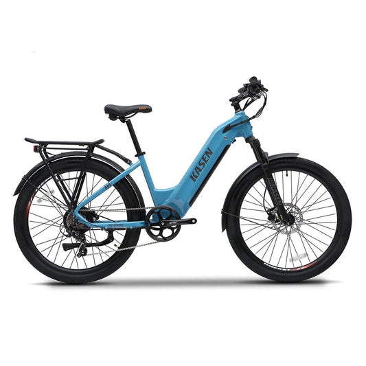 Blue Kasen City 2.0 eBike in a box, black model, product image showing 15AH and 20AH battery options.
