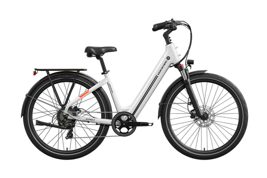 White Mokwheel Asphalt eBike side view, showcasing sleek frame design, black tires, and integrated battery on a plain background.