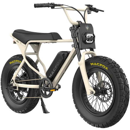 Desert beige Macfox X7/X7L ebike with single battery, side view, displayed in a desert setting