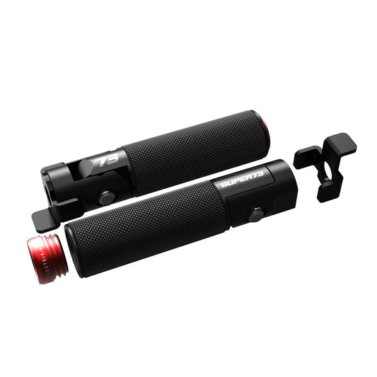 Red eBike foot pegs designed for Super73, shown against a white background.