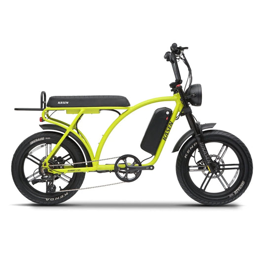 Kasen Kabbit 2.0 Plus eBike in neon green, packaged inside a box