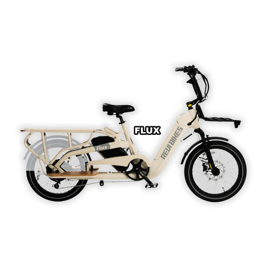 Cream-colored eBike Revi Flux packaged inside a cardboard shipping box, showing the bike securely packed for delivery.