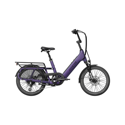 Aventon Abound SR electric cargo bike in Haze color, side view, shown with rear rack and step-through frame design.