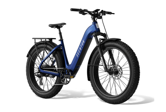 Aventon Aventure 3 Step-Thru electric bike in Cobalt Blue, side view, displayed against a white background.
