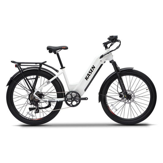 White Kasen City 2.0 eBike packaged in a box, showing 15AH and 20AH battery options.