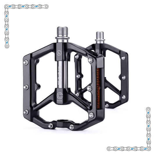 Black and silver aluminum pedals for electric bike, product image showing black eBike pedals with silver accents, model 7884746