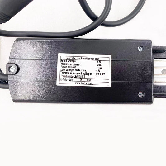 Close-up view of the Super 73 S-Series eBike controller (model LSW1575-1-1F) showing wiring connectors and electronic components.