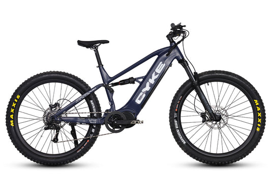 Dark blue eBike Cyke Falcon S electric bicycle, side view, against a plain background.