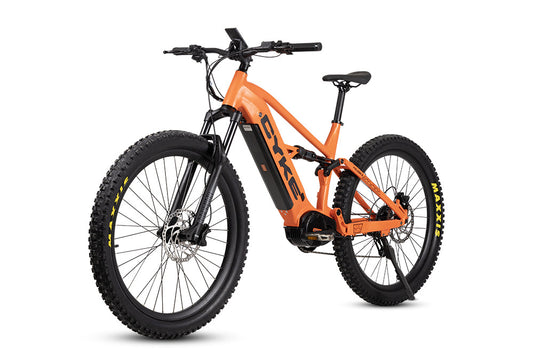 Flame orange eBike Cyke Falcon S electric bicycle, side view, on a white background