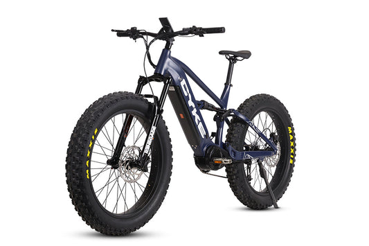 Dark blue eBike Cyke Falcon X electric bicycle, side view, against a plain background