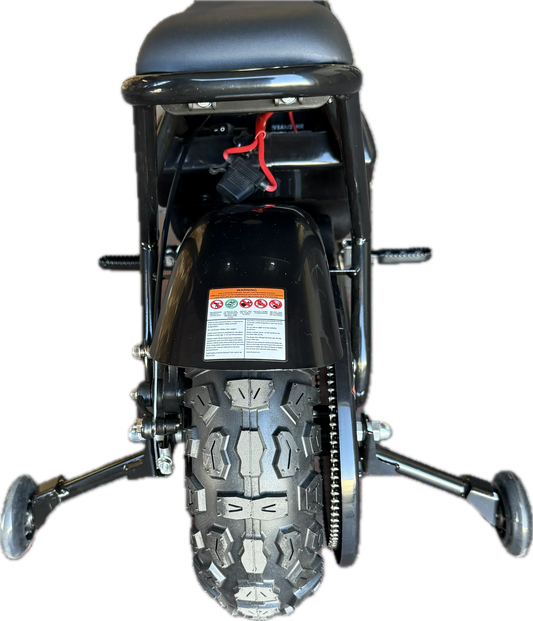 Side view of the eBike Drift Hero 250W Mini, showcasing its compact frame, black and red color scheme, and thick tires designed for stability and urban commuting.