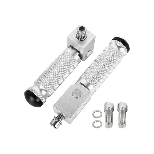 Silver eBike foot pegs, metallic finish, side view, product image on white background