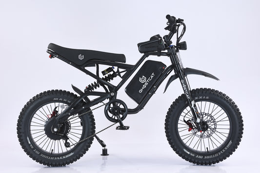 Black and red eBike Ghostcat F4X side view, showcasing sleek frame design and modern features