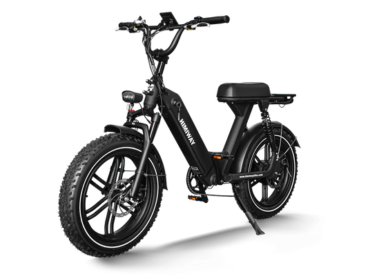 Side view of the Himiway Escape Pro eBike parked outdoors, showcasing its sturdy frame, fat tires, and rear cargo rack.