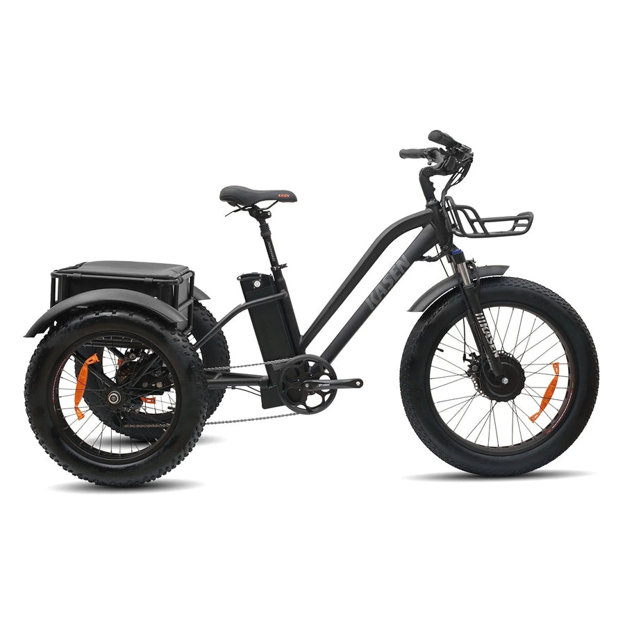 Black Kasen electric trike with three wheels, front basket, and rear cargo rack, shown from a side angle.