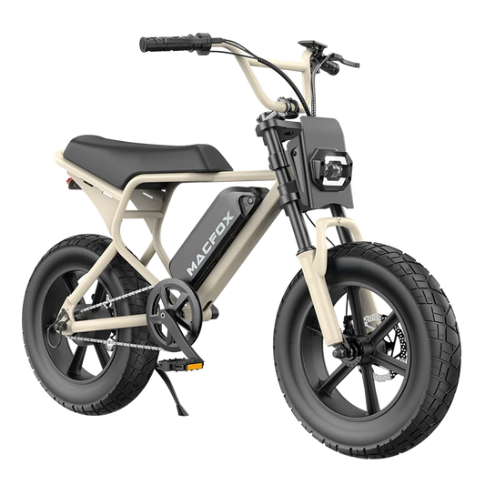 Desert beige Macfox M16 eBike side view, parked on sandy terrain with clear sky background