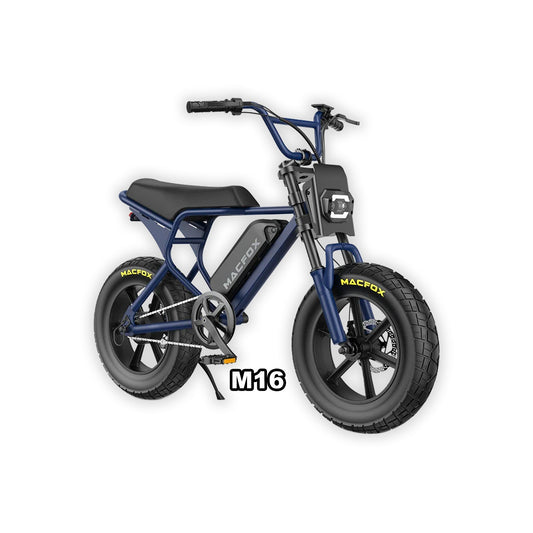 Navy blue Macfox M16 X7 Mini eBike in its box, product image