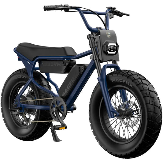 Electric bike Macfox X7 in dual navy blue color, side view, displayed on a white background.