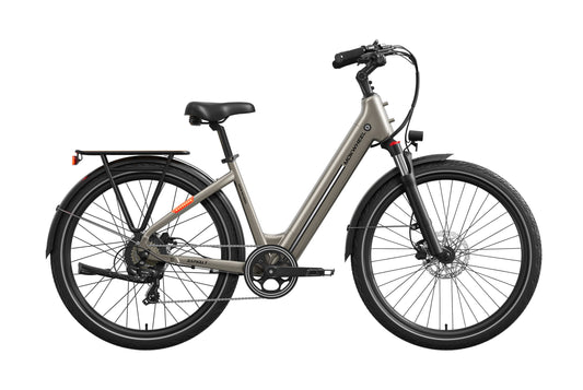 Mocha-colored Mokwheel Asphalt eBike side view, showcasing frame design, battery, and wheels against a plain background.