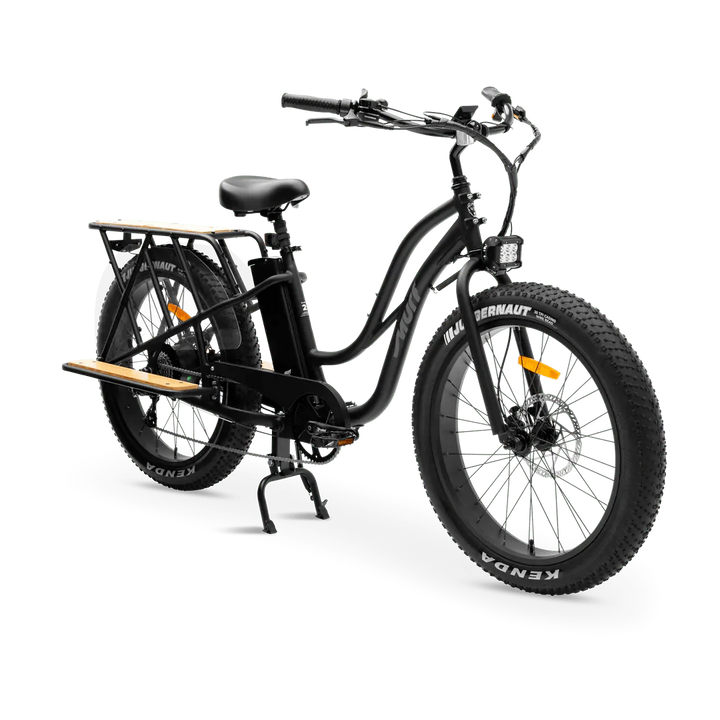Black eBike MURF Alpha Cargo Fat Tire Beach Cruiser with 52v battery, side view, on white background