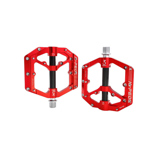 Red and black alloy eBike pedals with a sleek, modern design, shown against a black background.