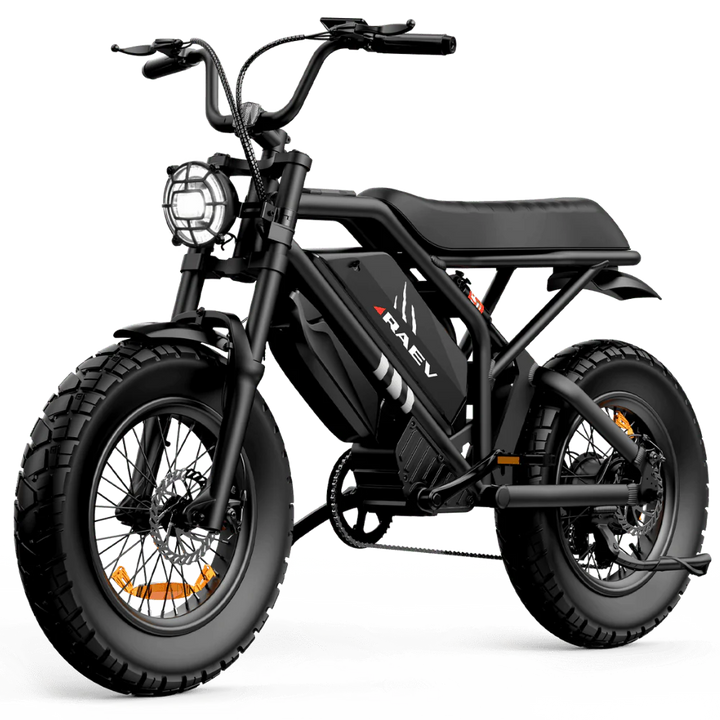Metallic black Raev Bullet GTX eBike side view, showcasing sleek frame design and thick tires