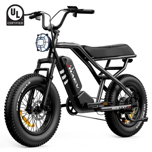 Metallic black Raev Bullet X eBike side view, showcasing sleek frame and modern design