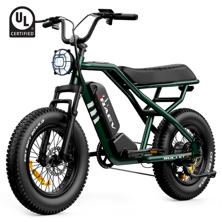 Metallic green Raev Bullet X eBike side view with black tires and sleek frame design