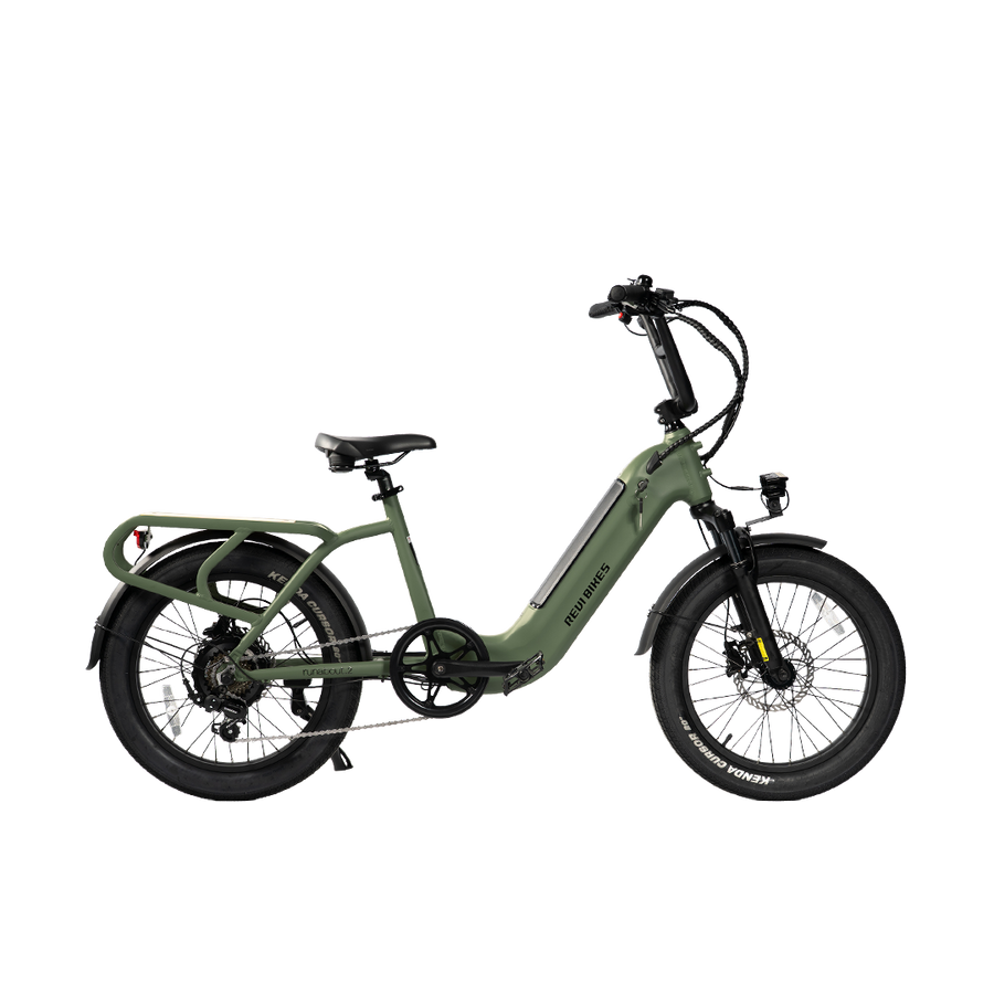 Wild Green eBike Revi Runabout.2 electric bicycle side view with black tires and sleek frame design