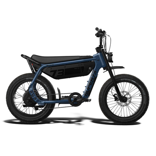 Super73 M1D electric bike in Slate color, side view, showcasing its sleek frame, wide tires, and minimalist design against a neutral background.