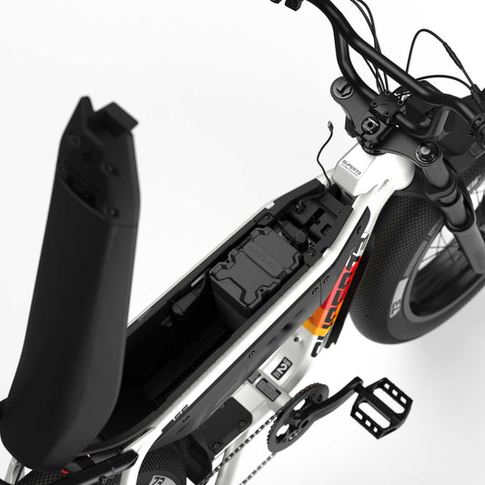 Super73 M1D SE eBike in Baja 7 color, side view, showcasing its rugged frame, fat tires, and minimalist design