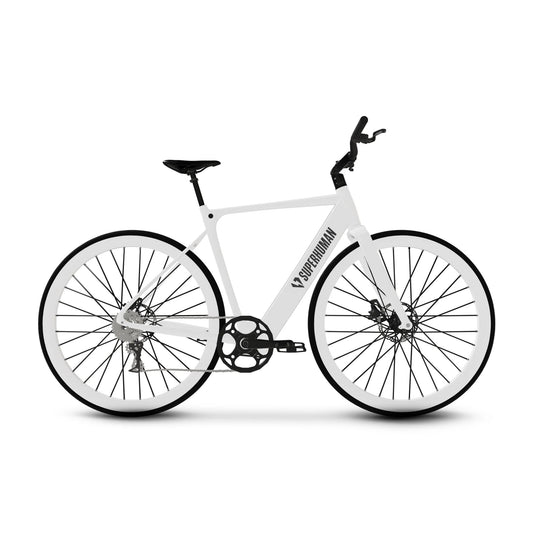 Electric bike, Superhuman Photon Pro model, in Arctic Glow color, side view, set against a white background, showcasing sleek frame and modern design.