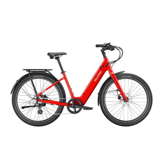 Red Velotric Breeze 1 eBike in classic scarlet color, side view, isolated on white background