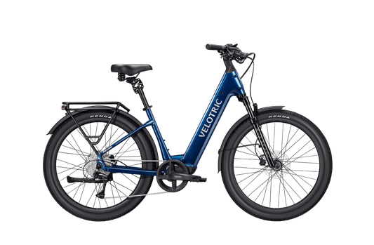 Velotric Discover 3 electric bike in Lemans Blue, side view, against a white background