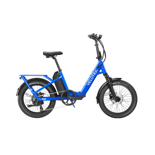 Electric blue Velotric Fold 1 Plus eBike, folded, side view, against a plain background.