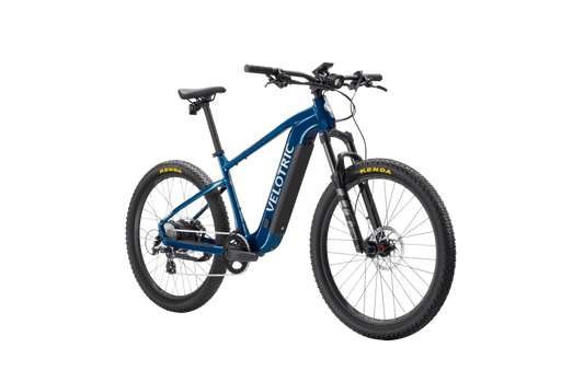 Royal blue Velotric Summit 1 eBike side view, showcasing frame design and tires