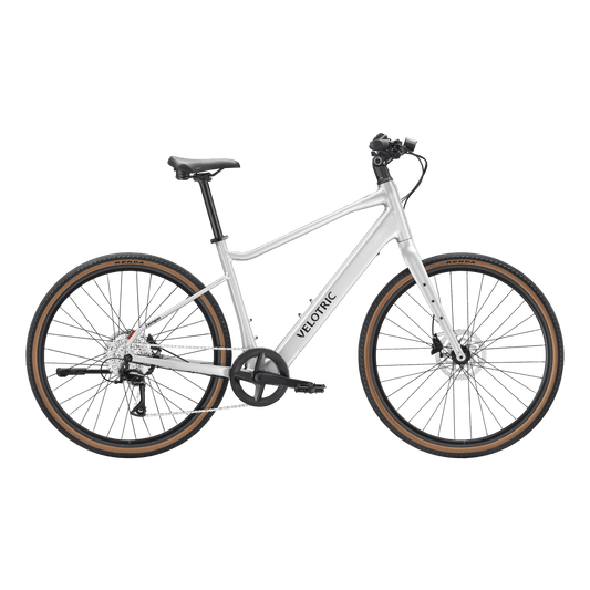 Velotric Tempo High Step eBike in Lightning Silver, side view, against a plain background