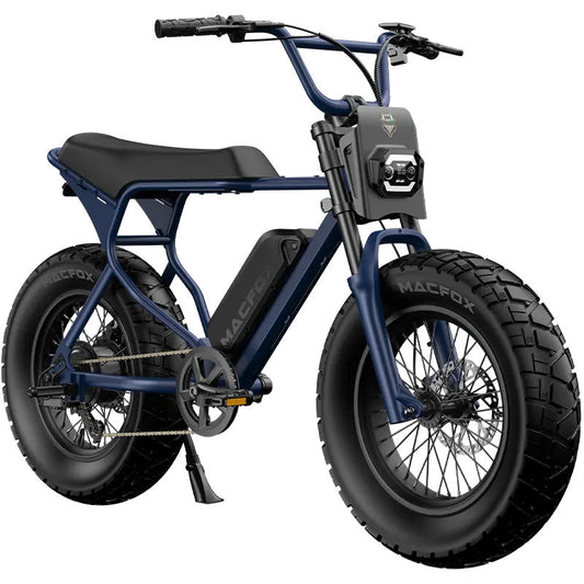 Navy blue Macfox X7L electric bike, side view, isolated on white background