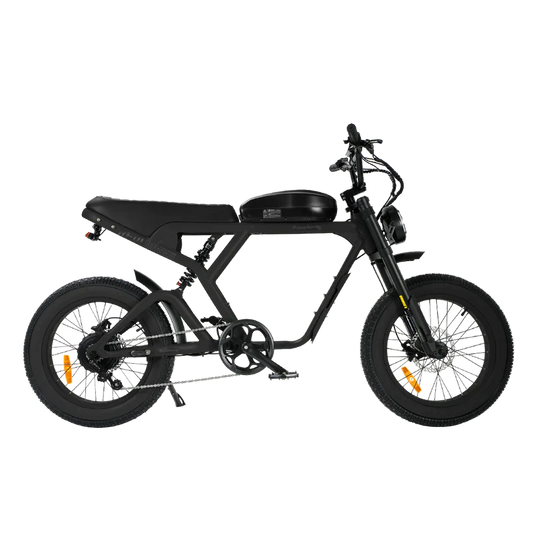 Black eMOTO eBike Revi Cougar Pro electric bicycle, side view, on white background