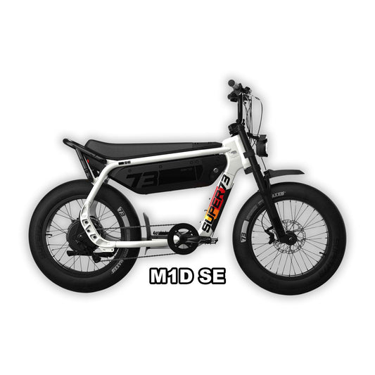 Super73 M1D SE eMOTO eBike in Baja color, shown inside its original packaging box with protective materials.