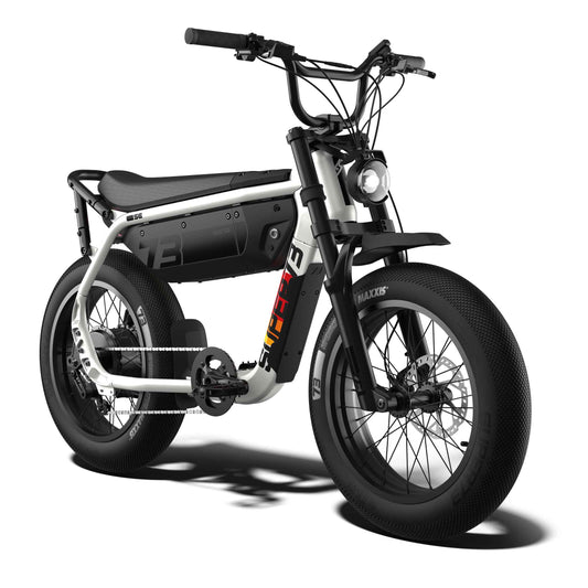 Super73 M1D SE eMOTO eBike in Baja color, shown inside its original packaging box with protective materials.