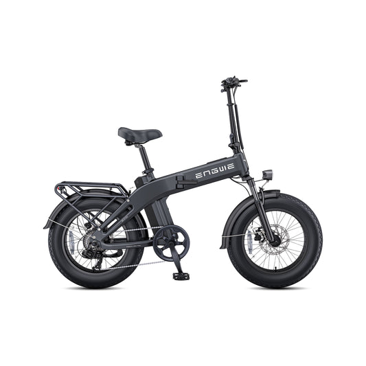 Black ENGWE EP-2 3.0 electric bike side view, showcasing fat tires, sturdy frame, and rear rack against a plain background.