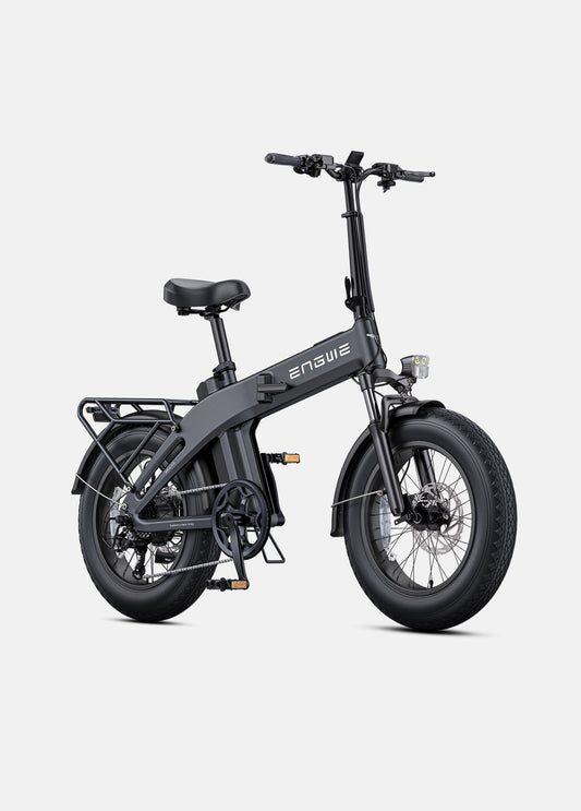 Black ENGWE EP-2 3.0 electric bike side view, showcasing fat tires, rear rack, and foldable frame design.