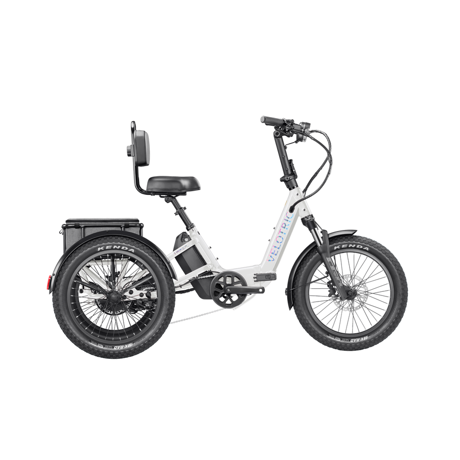 Pearl White Velotric Triker eTrike, side view, showcasing three wheels and modern design