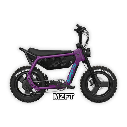 Super73 MZFT eMOTO eBike in Cullenberry color, shown in its original packaging inside the box