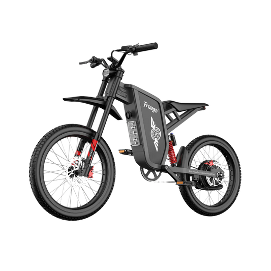 Side view of the Freego X1 SE electric scooter showing its sleek black frame, large wheels, and foldable design.