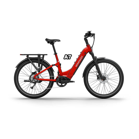 Red Himiway A7 eBike, size large, displayed in its box with packaging, product image showing the bike in red color.