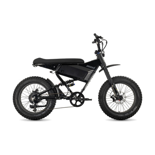 Juiced Scrambler full suspension electric bike with single battery in blackberry color, side view on white background