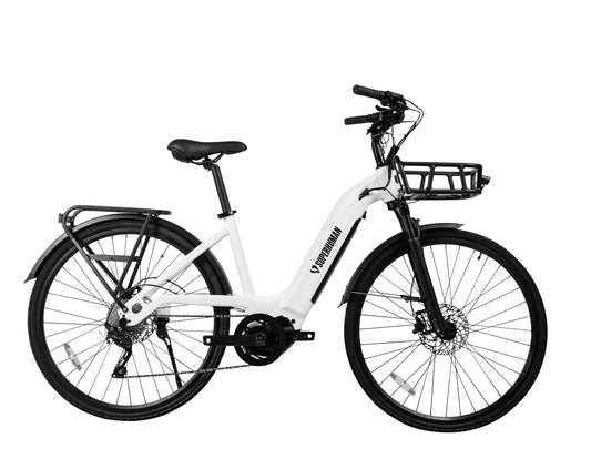 Moonrider Superhuman Step-Thru eBike, electric bicycle with step-through frame, upright handlebars, and rear cargo rack, designed for easy mounting and urban commuting.